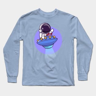 Cute Astronaut Riding Ufo Cartoon Long Sleeve T-Shirt